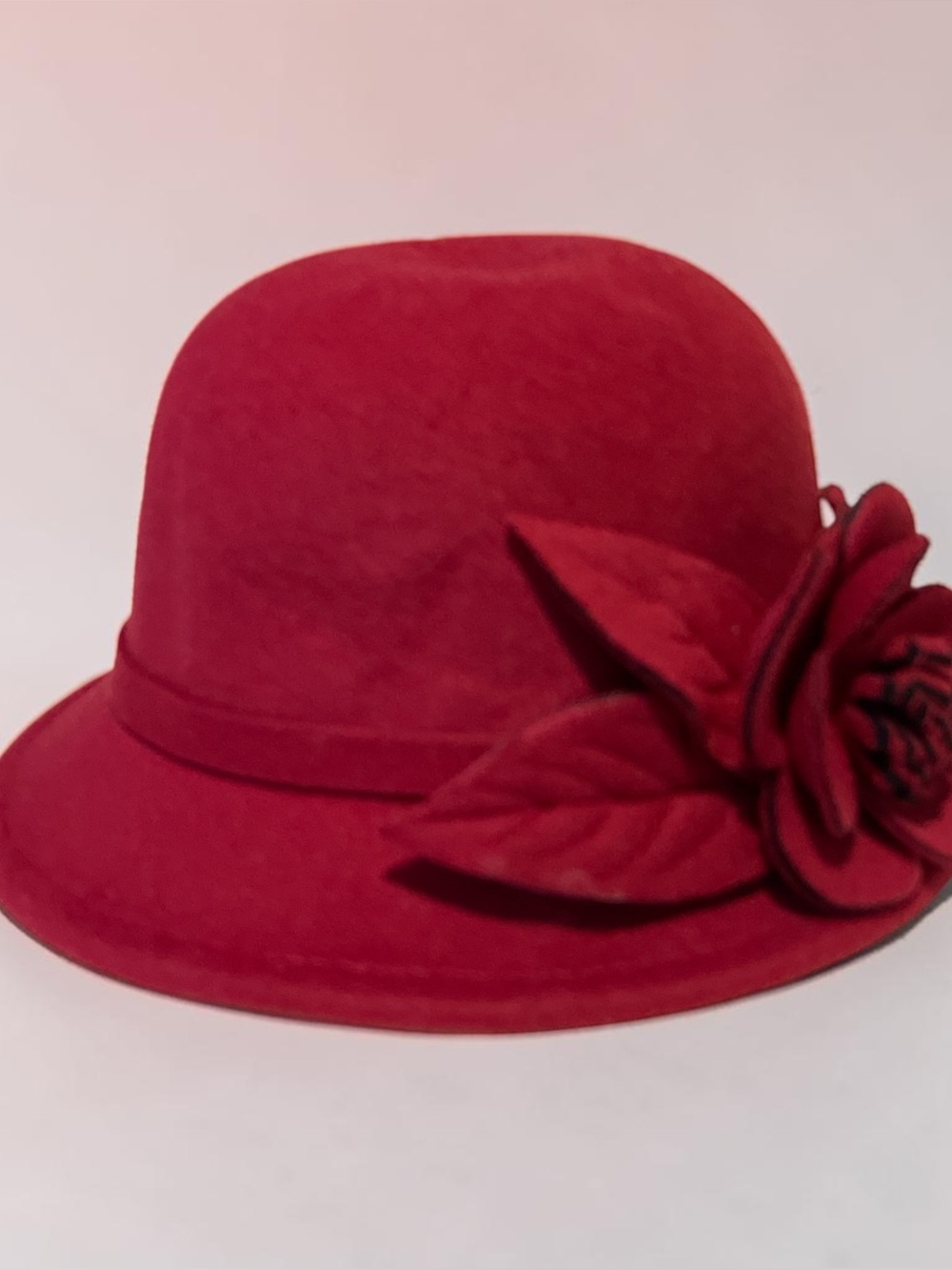 Red Women’s Felt Cloche Hat with Flower Accent